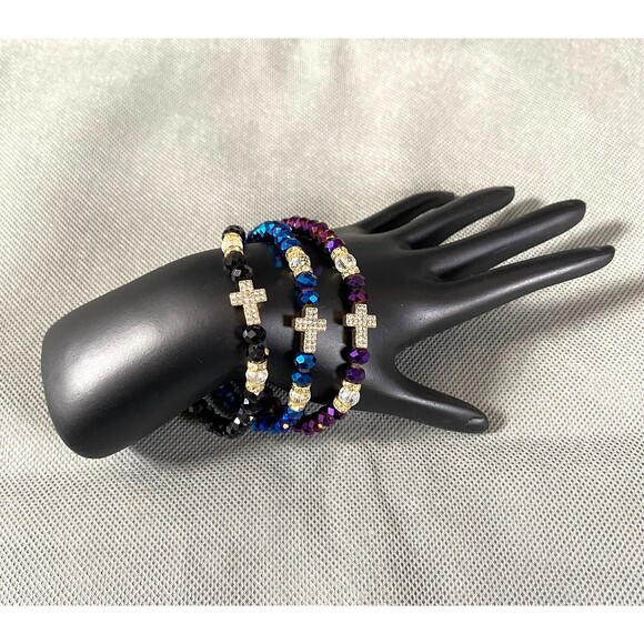 Metallic Iridescent Cross Charm Bracelet Trio Octagon Beads Multicolor Stretch - Picture 2 of 12